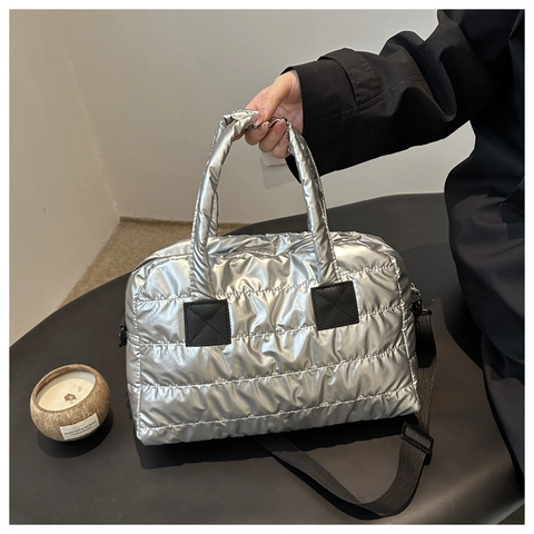 Women Quilted Puffer Handbag Metallic Large Capacity Shoulder Bag Versatile Casual Crossbody Tote Solid Color