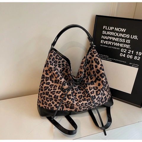 Damen Große Leopardenmuster Tragetasche Wildleder Kontrastleder Schultertasche Mit Schleife Kordelzug Lässige Mode Handtasche