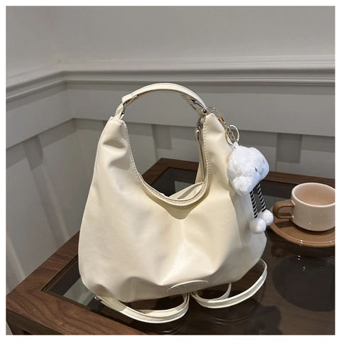 Women Large Hobo Shoulder Bag Soft PU Leather Solid Color Casual Tote With Plush Cloud Charm