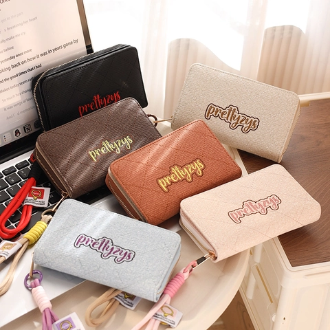 Women Zipper Wallet PU Leather Quilted Multi Functional Large Capacity Card Holder Purse With Wristlet Strap