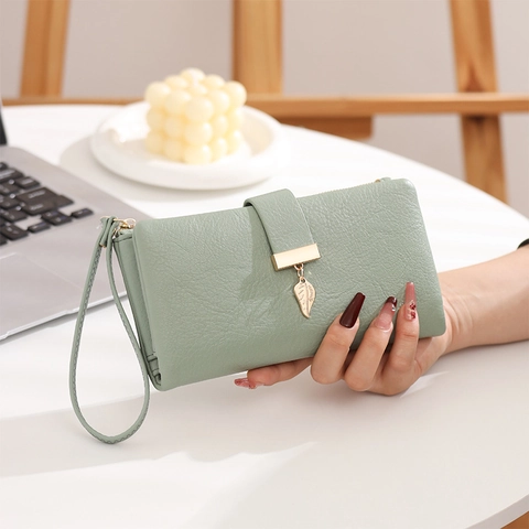 Cartera Larga para Mujer de Cuero PU Estilo Coreano Colgante de Hoja Simple Color Sólido Cartera de Mano con Correa de Muñeca