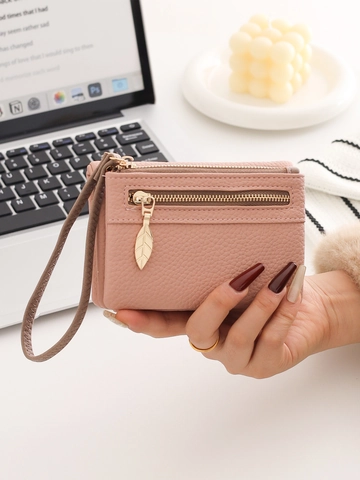 Women Short Wallet Lychee Grain PU Leather Multi Zipper Coin Purse Wristlet Strap Leaf Pull Vintage Simple Style
