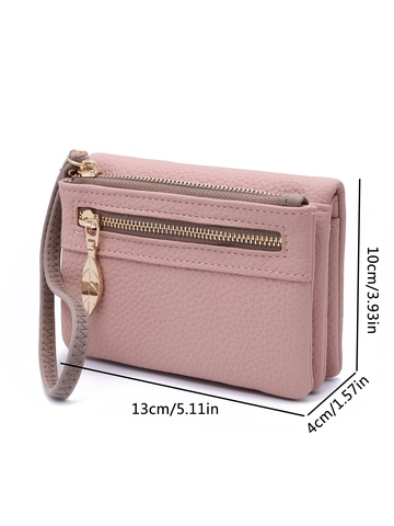 Women Short Wallet Lychee Grain PU Leather Multi Zipper Coin Purse Wristlet Strap Leaf Pull Vintage Simple Style