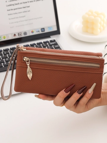 Long Wallet Women PU Leather Litchi Grain Multi Zip Clutch Purse With Leaf Metal Pull And Wristlet Strap Large Capacity
