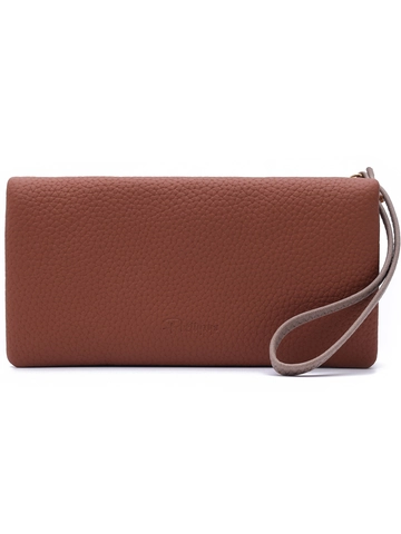 Long Wallet Women PU Leather Litchi Grain Multi Zip Clutch Purse With Leaf Metal Pull And Wristlet Strap Large Capacity