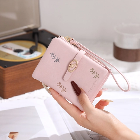 Women's PU Leather Short Wallet With Leaf Embroidery And Metal Buckle Multipurpose Bi-Fold Card Holder Large Capacity Purse