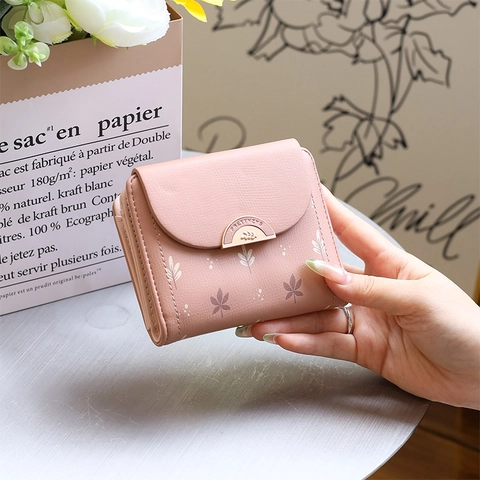Dames Koreaanse Stijl Zoete Bloemenprint PU Leer Korte Trifold Portemonnee Met Metalen Gesp Rits Kleine Mode Geldclip