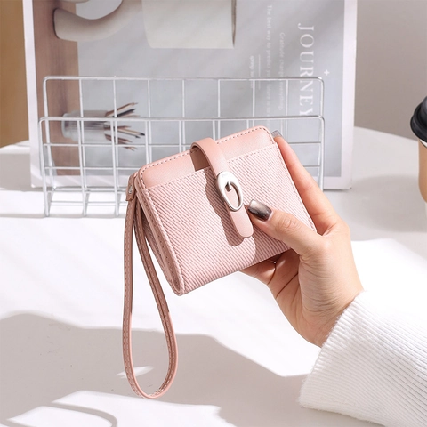 Portafoglio Corto da Donna in Tessuto Twill e Pelle PU con Zip Porta Monete Porta Carte Multifunzionale con Cinturino da Polso