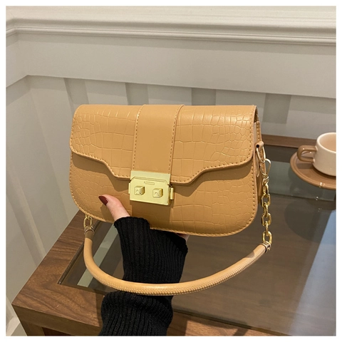 Fashion Women Underarm Shoulder Bag PU Leather Crocodile Pattern Gold Metal Lock Chain Strap Casual Versatile Handbag