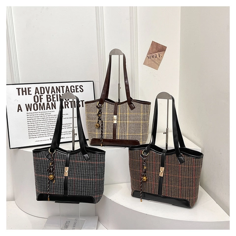 Vintage Houndstooth Plaid Tote Bag Women Large Capacity Woolen Fabric Splicing PU Leather Shoulder Bag With Metal Lock For Commuting