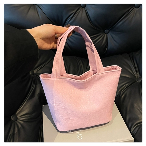 Women Handbag PU Leather Pleated Texture Mini Tote Bag Bucket Shape Fashion Minimalist Solid Color Commute Stylish
