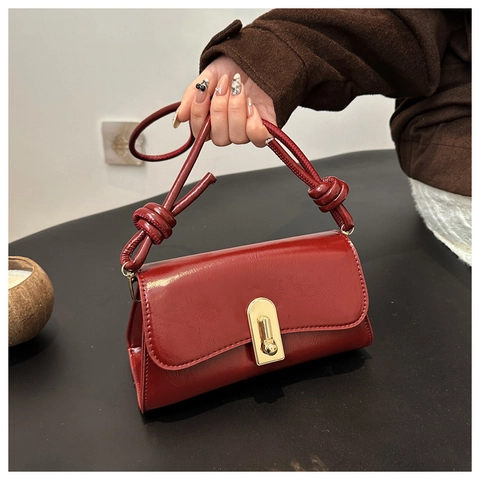Vintage French Baguette Shoulder Bag PU Leather With Gold Metal Lock Knot Strap Decor Fashion Underarm Bag For Women