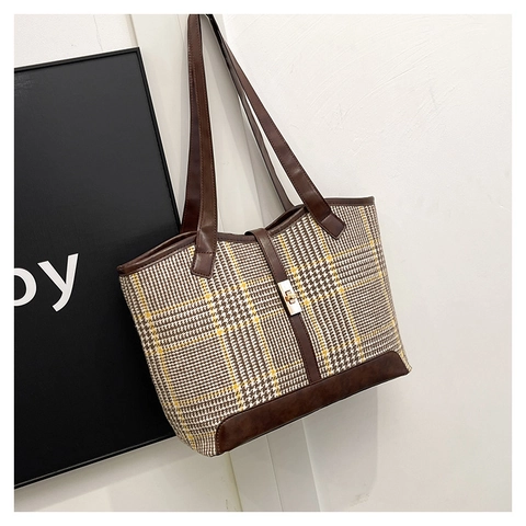 Vintage Houndstooth Plaid Tote Bag Women Large Capacity Woolen Fabric Splicing PU Leather Shoulder Bag With Metal Lock For Commuting