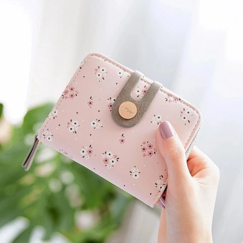 Cartera Corta para Mujer Estampado Floral Cuero PU Cremallera Plegable Multi Ranura para Tarjetas Monedero para Estudiante Regalo Diario
