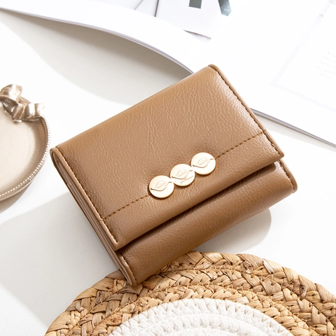 Women Short Wallet PU Leather Litchi Pattern Leaf Metal Buckle Trifold Minimalist Zippered Coin Pocket