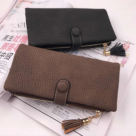 Damen Lange PU-Leder Geldbörse Litschi-Muster Quaste Reißverschluss Große Kapazität Clutch Multifunktional Kartenhalter