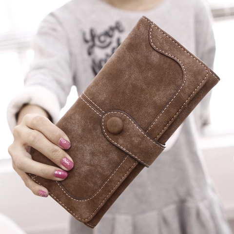 Vintage Damen Geldbörse Mattes PU-Leder Großes Fassungsvermögen Viele Kartenfächer Kontrastnähte Druckknopf Clutch Lange Kurze Tasche