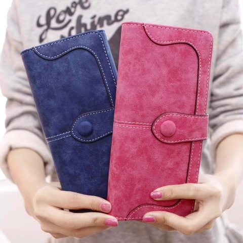 Vintage Damen Geldbörse Mattes PU-Leder Großes Fassungsvermögen Viele Kartenfächer Kontrastnähte Druckknopf Clutch Lange Kurze Tasche