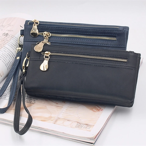 Damen Retro PU Leder Brieftasche Multifunktionale Lange Kurze Clutch Mit Blatt Anhänger Doppel Reißverschluss Tasche Große Kapazität