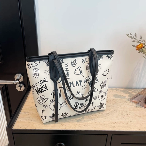 Dames Grote Capaciteit Tote Tas PU-Leer Graffiti Print Beer Street Style Schoudertas Veelzijdige Dagelijkse Tas