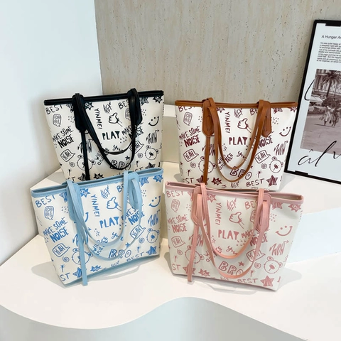 Dames Grote Capaciteit Tote Tas PU-Leer Graffiti Print Beer Street Style Schoudertas Veelzijdige Dagelijkse Tas