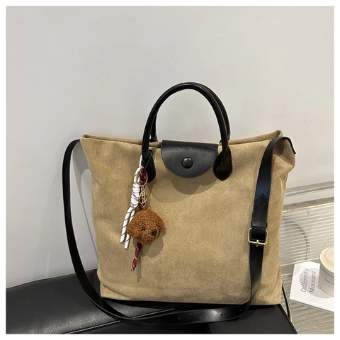 Faux Suede PU Leather Tote Bag Retro Minimalist Shoulder Crossbody Handbag With Plush Pendant For Women