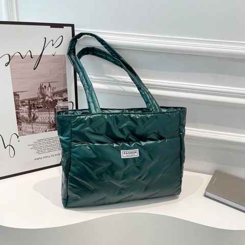 Damen Gesteppte Puffer Tote Bag Große Kapazität Metallic Glänzend Schultertasche Leicht Baumwolle Gesteppte Shopper Bag Tasche