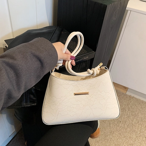 Women Underarm Shoulder Bag Vintage Lace Embossed Floral PU Leather With Golden Metal Decor Knotted Strap Minimalist