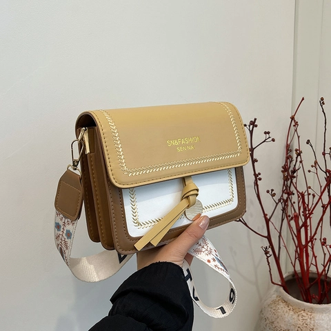 Bolso Bandolera de Cuero PU con Bloques de Color para Mujer Correa Ancha Bordada Bolso de Hombro Cuadrado Pequeño Vintage