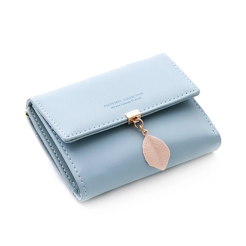 Women Small PU Leather Tri-fold Wallet With Metal Leaf Pendant Card Holder Multi-Slot Coin Purse Simple Fresh Style Handbag