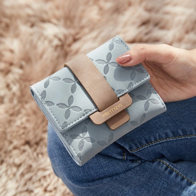 Women Trifold PU Leather Wallet Floral Embossed Short Card Holder Large Capacity Buckle Mini Coin Purse Ladies Gift