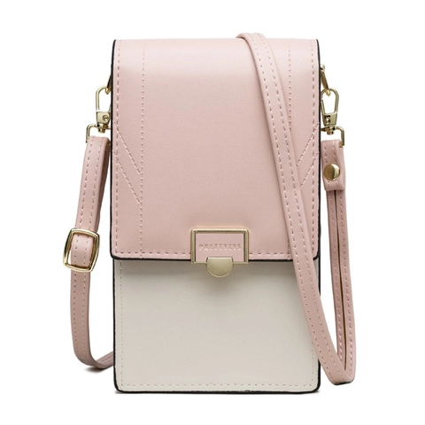 Women Crossbody Mobile Phone Bag PU Leather Color Splicing Vertical Square Shoulder Purse Flip Cover Gold Buckle Strap