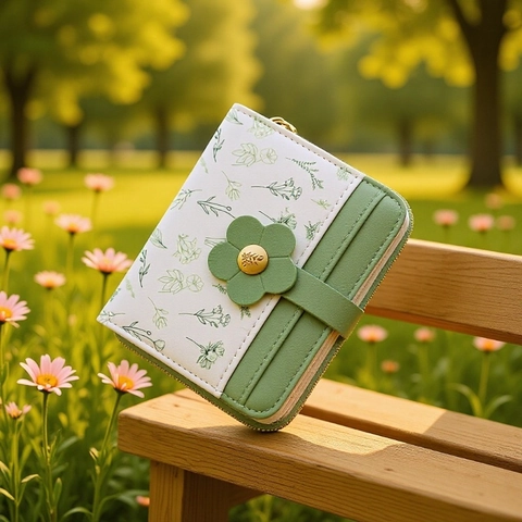 Women Small PU Leather Wallet Floral Print Patchwork Bifold Card Holder Zip Coin Purse Flower Clasp Student Fashion Bag