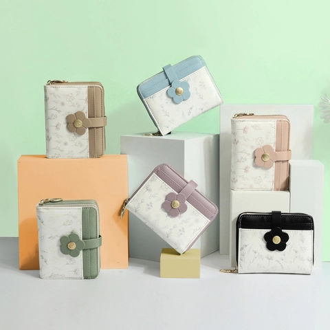 Women Small PU Leather Wallet Floral Print Patchwork Bifold Card Holder Zip Coin Purse Flower Clasp Student Fashion Bag