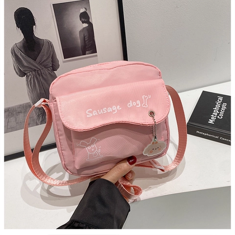 Fashion Women Composite Fabric Crossbody Bag Casual Sausage Dog Cartoon Print Small Square Shoulder Bag With Cute Charm