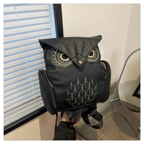 Sac à Dos Femme Forme Hibou Créatif Cuir PU Imperméable Broderie Petit Sac de Voyage Sac d'École Mode pour Filles Adolescentes Noir