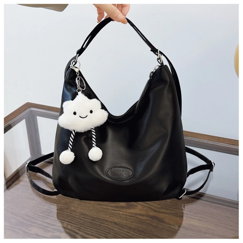 Women Large Capacity PU Leather Hobo Bag Retro Solid Color Shoulder Tote Bag Trendy Underarm Bag With Cloud Pendant