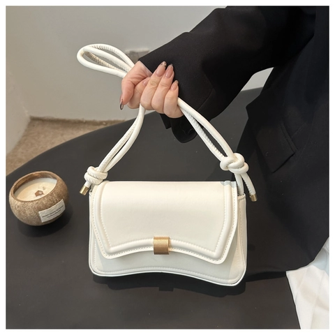 Women Minimalist Underarm Bag PU Leather Single Shoulder Bag With Knot Strap Gold Metal Buckle Vintage Solid Color Handbag
