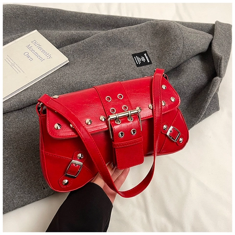 Borsa a Spalla con Borchie Punk da Donna Y2K Borsa Sottobraccio in Pelle PU Vintage Fibbia Argento Tracolla Regolabile