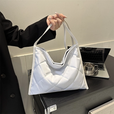 Bolso Tote de Tela Oxford Acolchado con Rombos para Mujer Bolso de Hombro Minimalista de Gran Capacidad Color Sólido