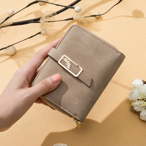 Damen Portemonnaie Matt PU Leder Blatt Schnalle Kartenhalter Reißverschluss Münzfach Elegant Damen Faltbar Clutch Klein Multifunktional Brieftasche