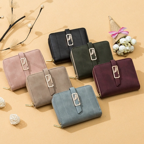 Damen Portemonnaie Matt PU Leder Blatt Schnalle Kartenhalter Reißverschluss Münzfach Elegant Damen Faltbar Clutch Klein Multifunktional Brieftasche