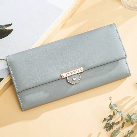 Damen Lange PU-Leder Geldbörse Große Kapazität Dreifach Gefaltete Clutch Herz Metallschnalle Mehrere Kartenfächer Handtasche