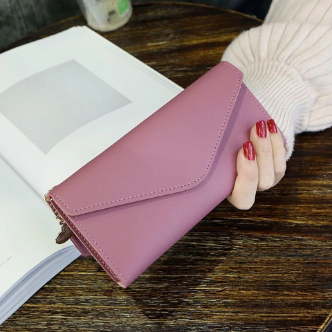 Women Long PU Leather Wallet Envelope Tri-Fold Purse With Heart Tassel Pendant Solid Color Card Holder Clutch Bag