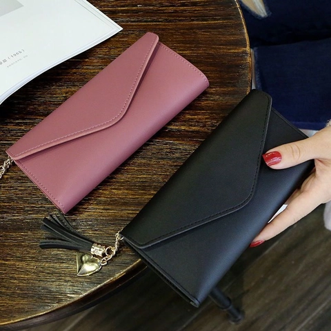 Women Long PU Leather Wallet Envelope Tri-Fold Purse With Heart Tassel Pendant Solid Color Card Holder Clutch Bag