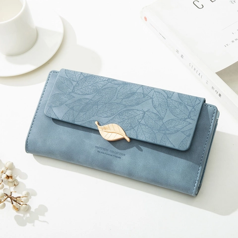 Women Long Wallet Matte PU Leather Retro European Leaf Clasp Folding Clutch Purse Multiple Card Slots Elegant Handbag