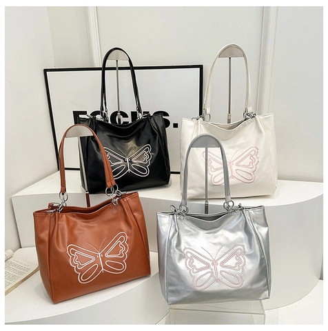 Stylish Butterfly Embroidery PU Leather Tote Bag For Women Large Capacity Shoulder Bag With Metal Chain Strap