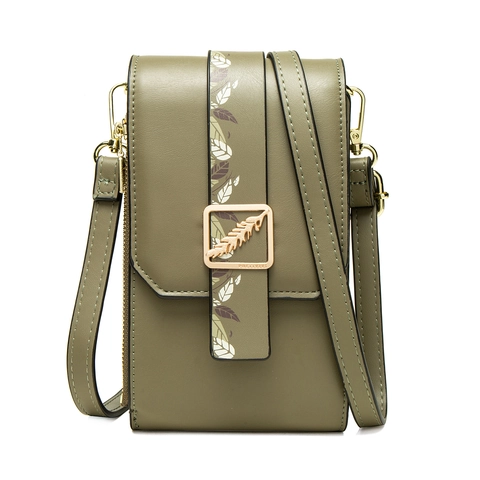 Women's Mini Mobile Phone Crossbody Bag PU Leather Vertical Square With Leaf Print And Metal Buckle Fresh Style
