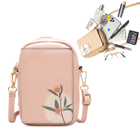 Dames PU Lederen Crossbody Mobiele Telefoon Tas Blad Print Multi Kaartsleuven Rits Gesp Mini Schoudertas Mode Trendy