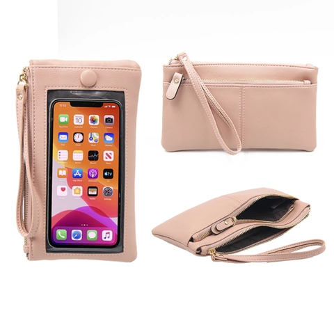 Portefeuille de Téléphone en Cuir PU Multifonctionnel pour Femmes Avec Fenêtre Tactile Double Fermeture Éclair Pochette Dragonne Grande Capacité Porte-monnaie Quotidien